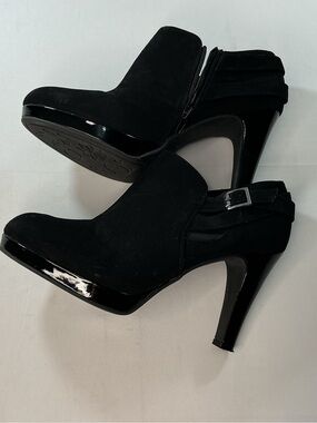 Unlisted by Kenneth Cole Black Suede Ankle Booties with Patent Trim